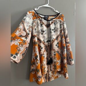 Angie Orange and Cream Floral Tunic with Tassel Tie